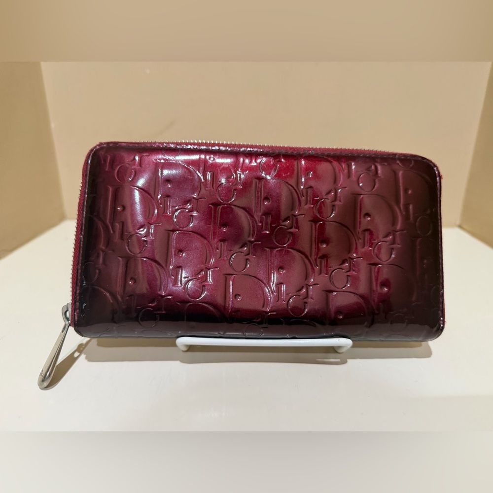 Dior Burgundy Embossed Long Zip Wallet